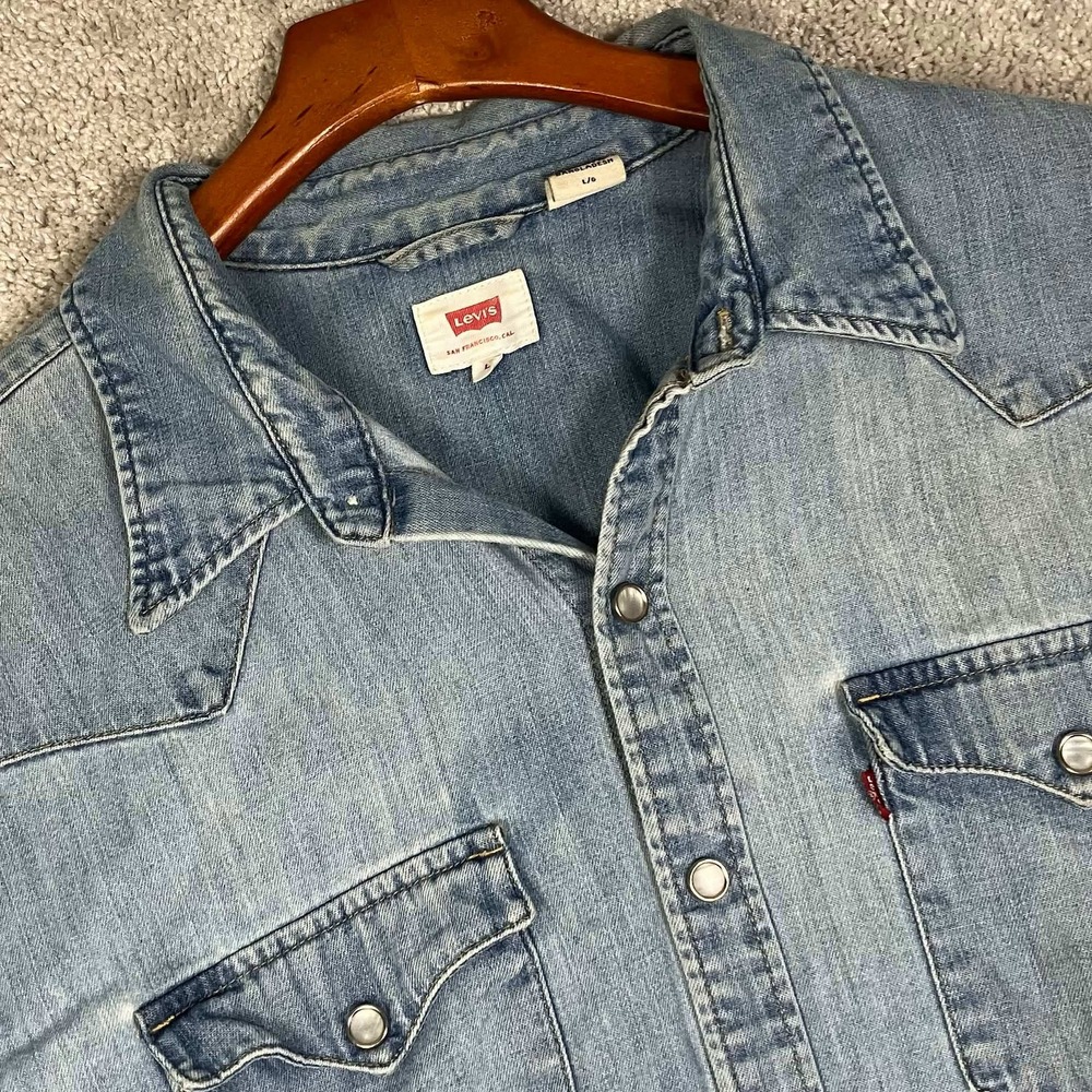 Levi's Western Shirt Mens Large Blue Cone Denim Pearl Snap Long Sleeve Washed
